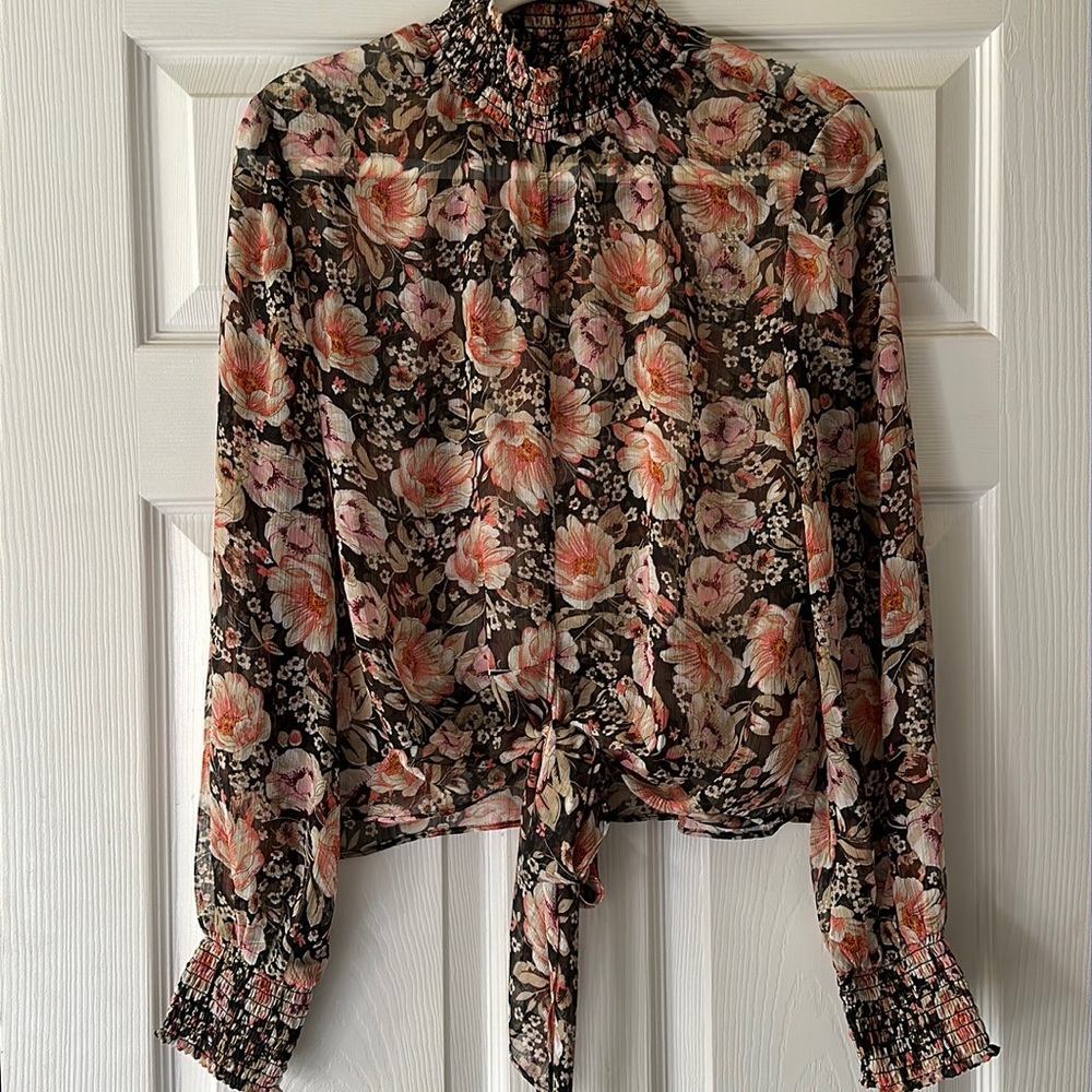 Elan sheer floral turtle neck tie top S